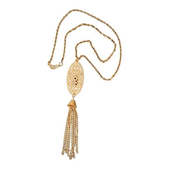 India Mandala Long Necklace Bell Tassel Filigree Gold Color - Picture 2 of 5